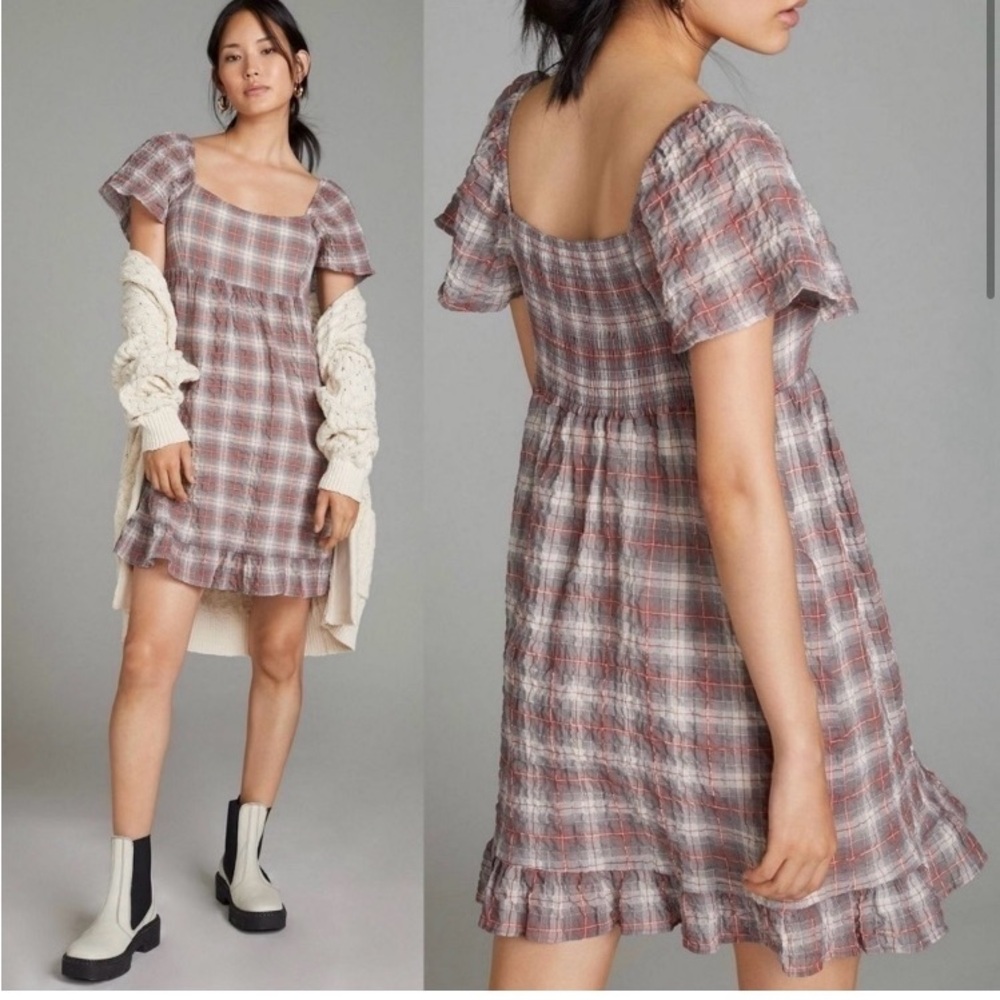 Maeve Anthropologie mini plaid babydoll flutter sleeve dress XS